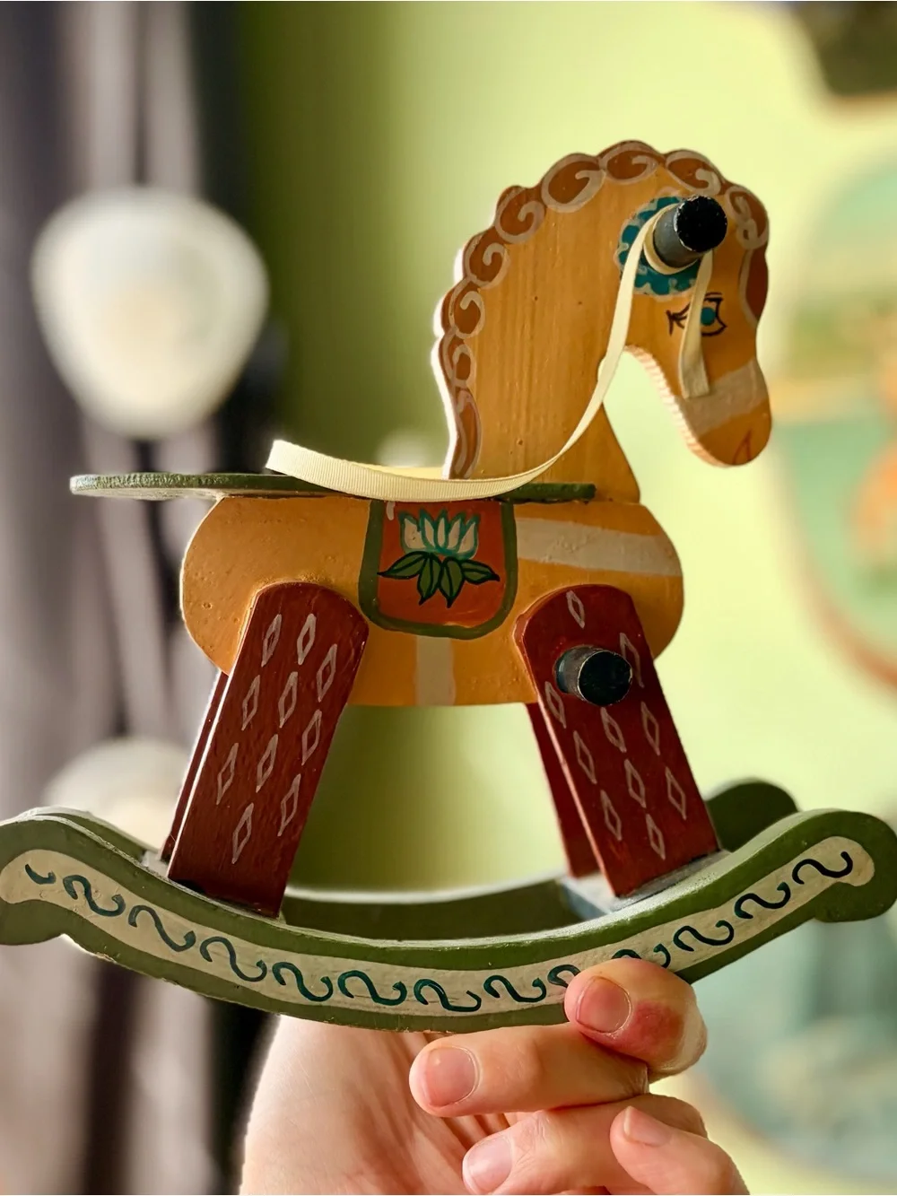 Hand-Painted Wooden Rocking Horse Toy - Yellow & Green Vintage Accent